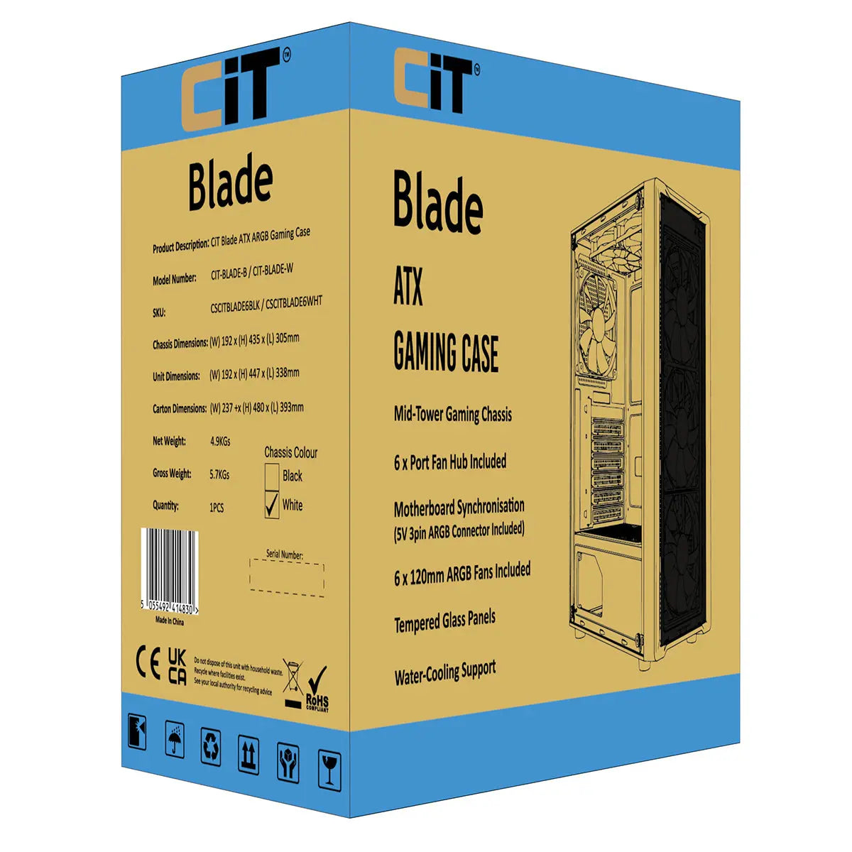 CiT Blade White ATX Gaming Case with Tempered Glass Panels with 70 Percent Tint with 6 x Inner-Ring ARGB Fans and 6-Port Hub