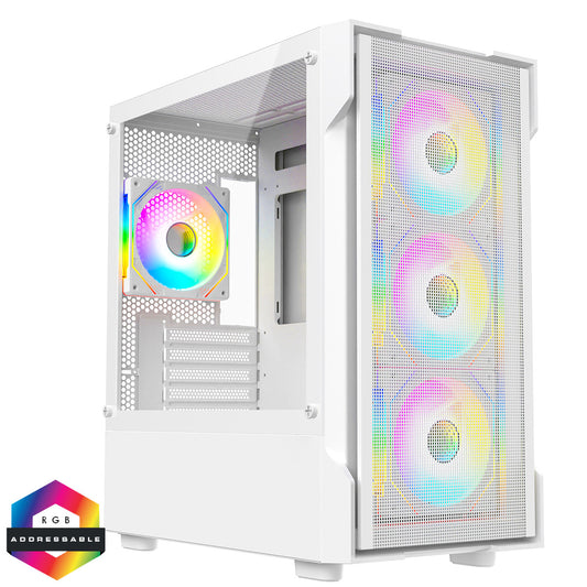 CiT Bolt White Mesh Micro-ATX Case 4x 120mm ARGB Fans TG Panel