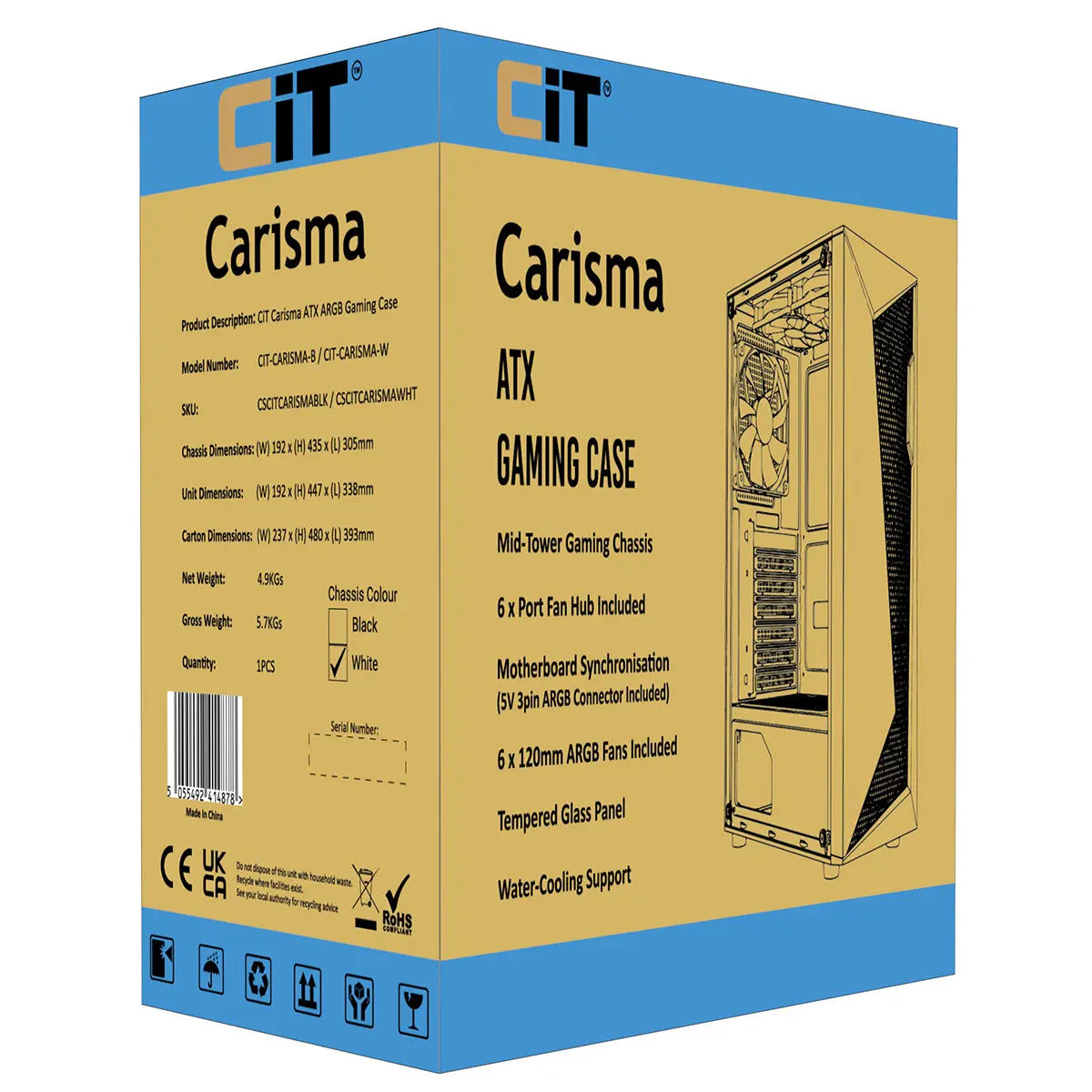 CiT Carisma White ATX Gaming Case with Mesh and ABS Front and Tempered Glass Side Panel with 6 x ARGB Fans and 6-Port MB Sync Hub CiT