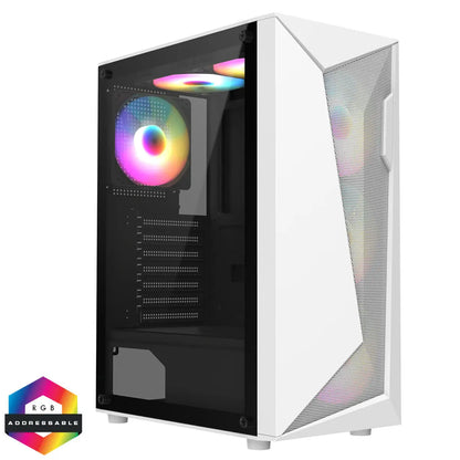 CiT Carisma White ATX Gaming Case with Mesh and ABS Front and Tempered Glass Side Panel with 6 x ARGB Fans and 6-Port MB Sync Hub CiT