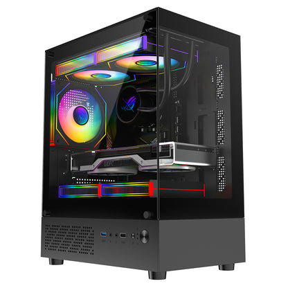 CiT Celsius Black Micro-ATX Gaming Case with Tempered Glass Front and Side Panels with 3 x 120mm ARGB PWM Infinity Fans