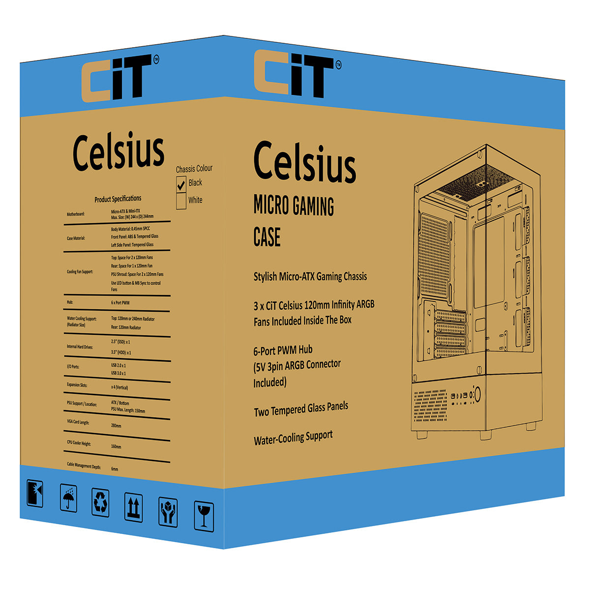 CiT Celsius Black Micro-ATX Gaming Case with Tempered Glass Front and Side Panels with 3 x 120mm ARGB PWM Infinity Fans - Destello