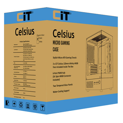 CiT Celsius Black Micro-ATX Gaming Case with Tempered Glass Front and Side Panels with 3 x 120mm ARGB PWM Infinity Fans - Destello