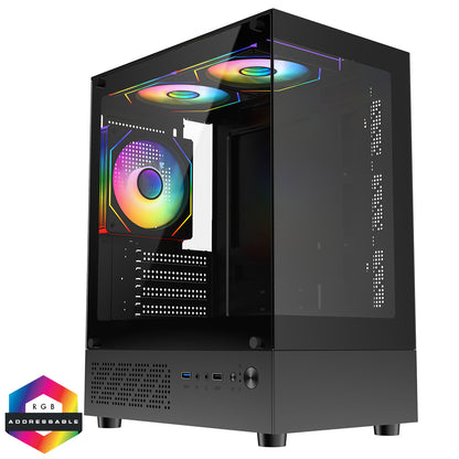 CiT Celsius Black Micro-ATX Gaming Case with Tempered Glass Front and Side Panels with 3 x 120mm ARGB PWM Infinity Fans