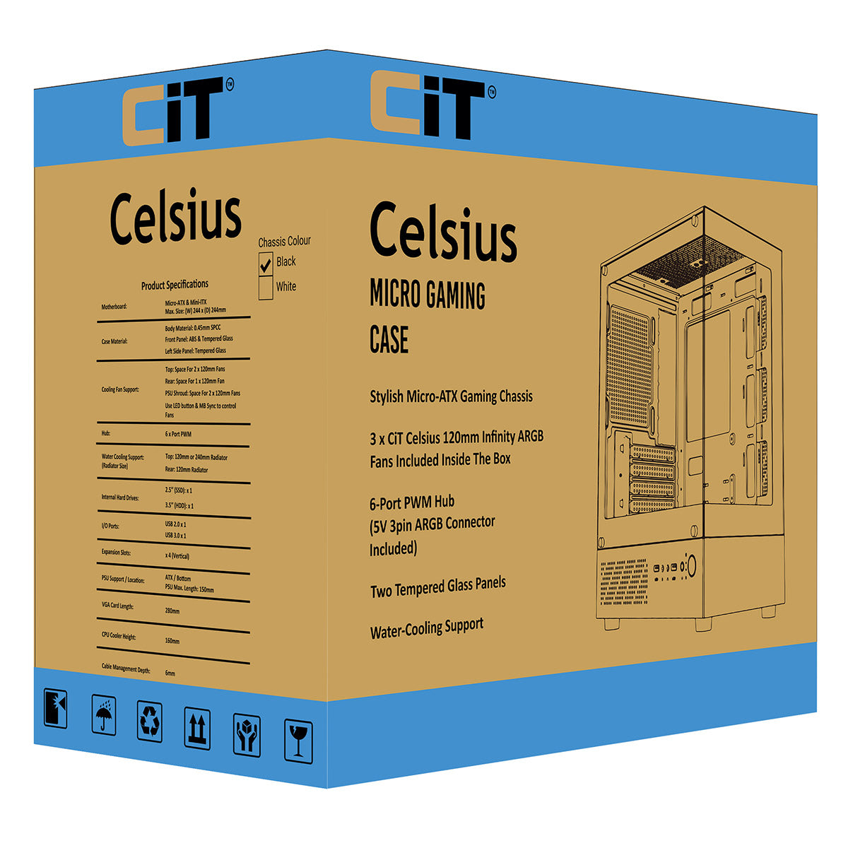 CiT Celsius Black Micro-ATX Gaming Cube | Tempered Glass Front & Side Panels | 3 x CiT RGB Fans