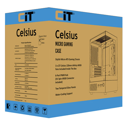 CiT Celsius Black Micro-ATX Gaming Cube | Tempered Glass Front & Side Panels | 3 x CiT RGB Fans