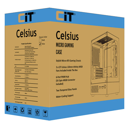 CiT Celsius White Micro-ATX Gaming Cube | Tempered Glass Front & Side Panels | 3 x CiT RGB Fans
