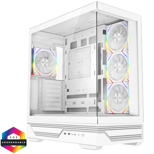 CiT Destiny White ATX Gaming Case With Two-Sided Tempered Glass and 4 x 120mm Infinity PWM ARGB Fans With 6-Port Hub Included