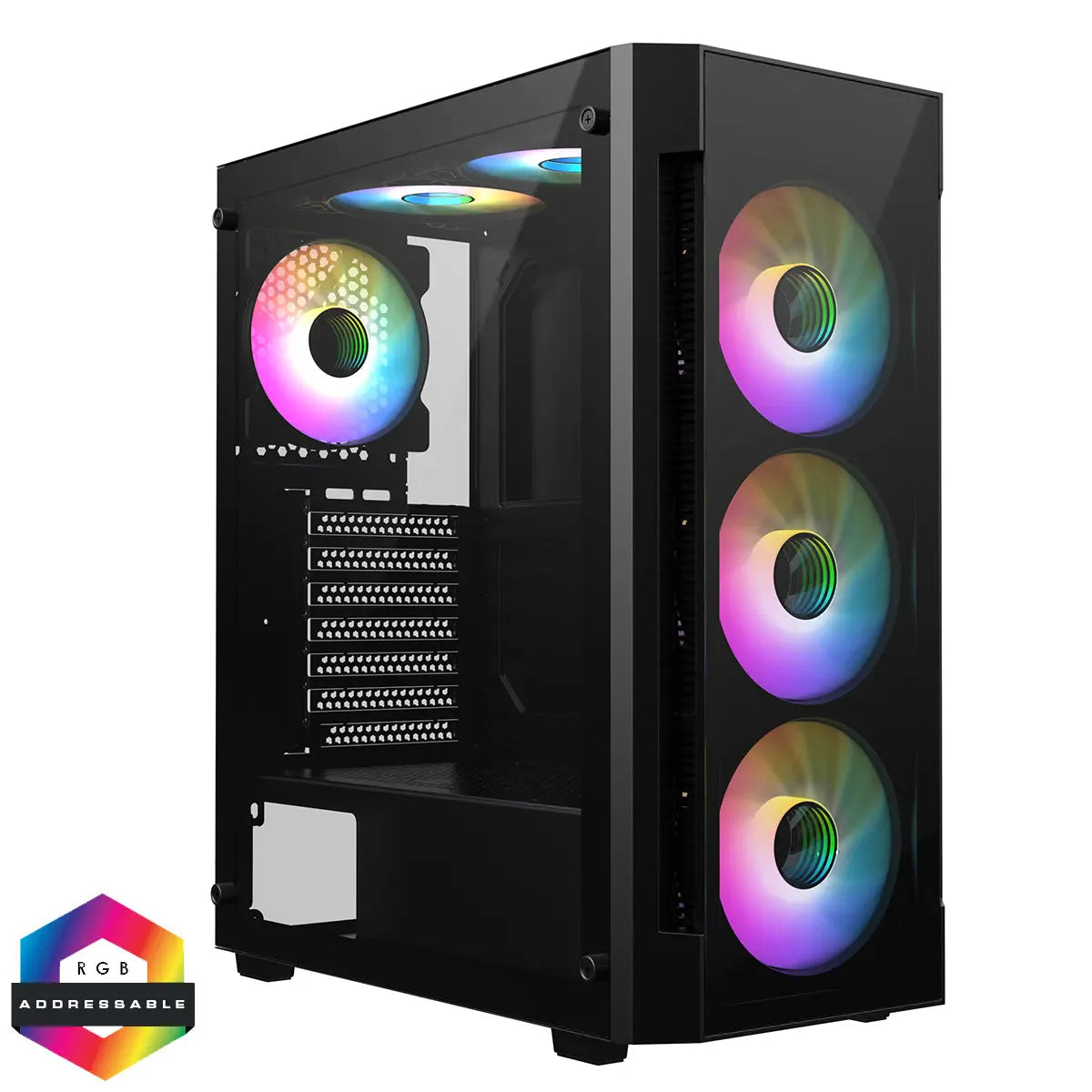 CiT Destroyer Black ATX Gaming Case with Tempered Glass Front and Side Panel with 6 x ARGB Fans and 6-Port MB Sync Hub CiT