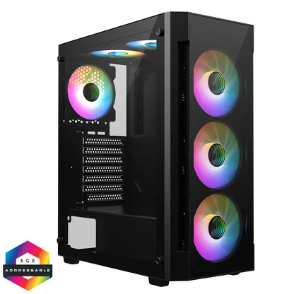 CiT Destroyer Black ATX Gaming Case with Tempered Glass Front and Side Panel with 6 x ARGB Fans and 6-Port MB Sync Hub CiT