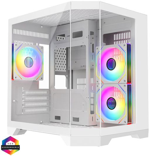 CiT DS240 White ATX Gaming Case With Dual Chamber Panoramic Tempered Glass With 3 x CiT Pro Storm 120mm Fans and 6 Port PWM Hub