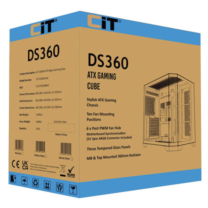 CiT DS360 Black ATX Gaming Case With Dual Chamber Panoramic Tempered Glass With 4 x CiT Pro Storm 120mm Fans and 6 Port PWM Hub CiT