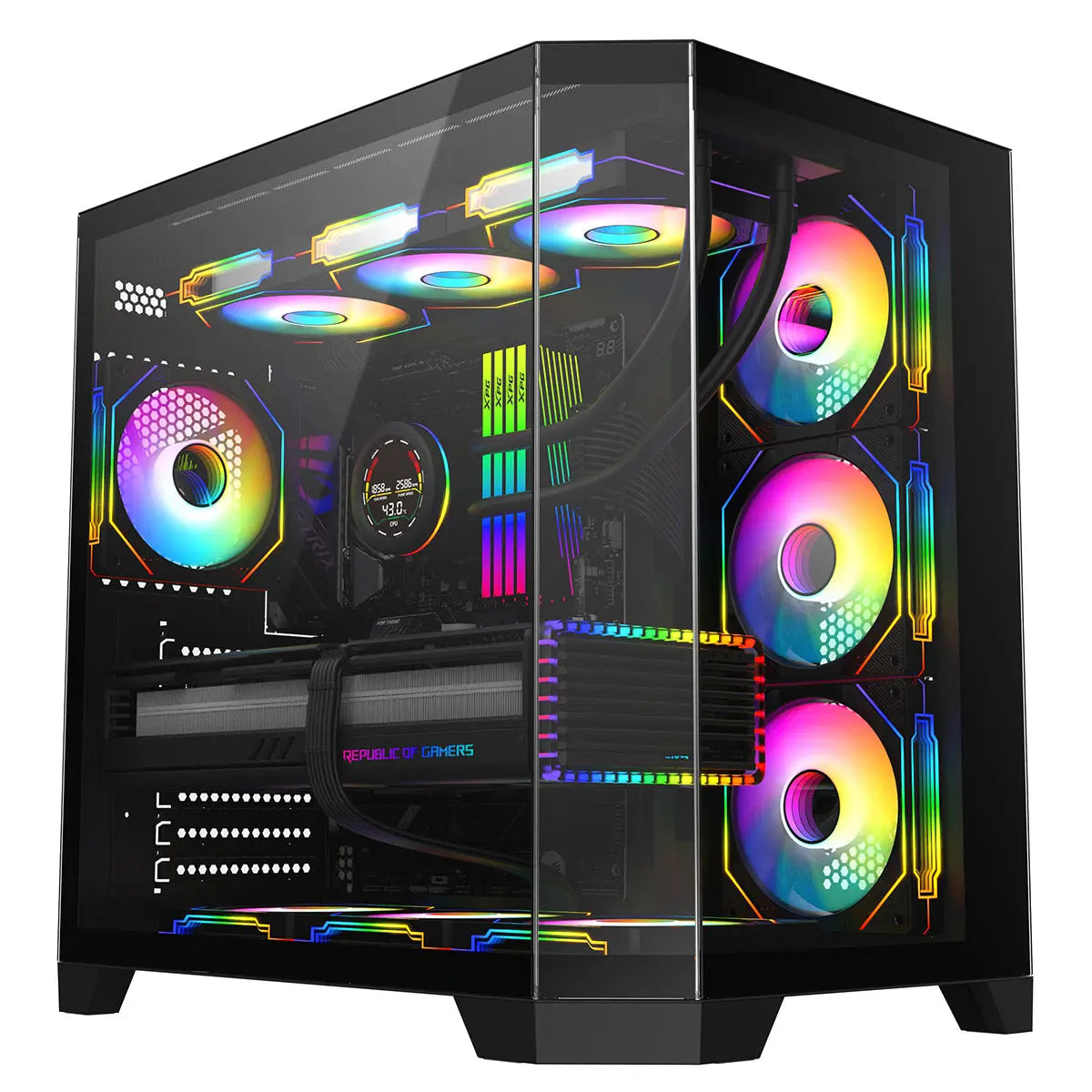CiT DS360 Black ATX Gaming Case With Dual Chamber Panoramic Tempered Glass With 4 x CiT Pro Storm 120mm Fans and 6 Port PWM Hub CiT