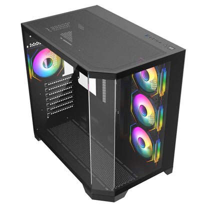 CiT DS360 Black ATX Gaming Case With Dual Chamber Panoramic Tempered Glass With 4 x CiT Pro Storm 120mm Fans and 6 Port PWM Hub CiT