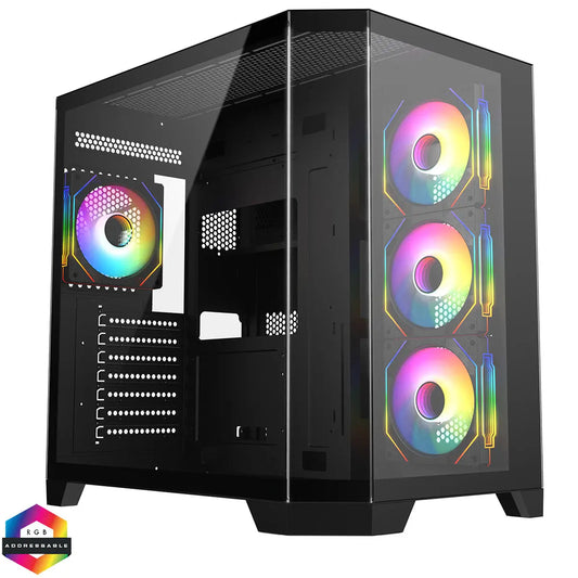 CiT DS360 Black ATX Gaming Case With Dual Chamber Panoramic Tempered Glass With 4 x CiT Pro Storm 120mm Fans and 6 Port PWM Hub CiT
