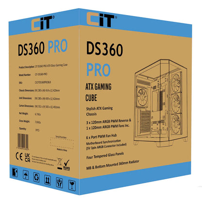 CiT DS360 PRO Black ATX Gaming Case With Dual Chamber Panoramic Tempered Glass With 4 x CiT Saturn PWM ARGB Fans and 6 Port PWM Hub