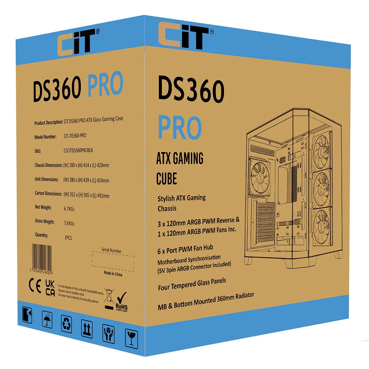 CiT DS360 PRO Black ATX Gaming Case With Dual Chamber Panoramic Tempered Glass With 4 x CiT Saturn PWM ARGB Fans and 6 Port PWM Hub CiT