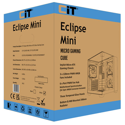 CiT Eclipse Mini White Micro-ATX Gaming Case With Three-Sided Tempered Glass and 3 x 120mm PWM ARGB Fans With 6-Port Hub Included