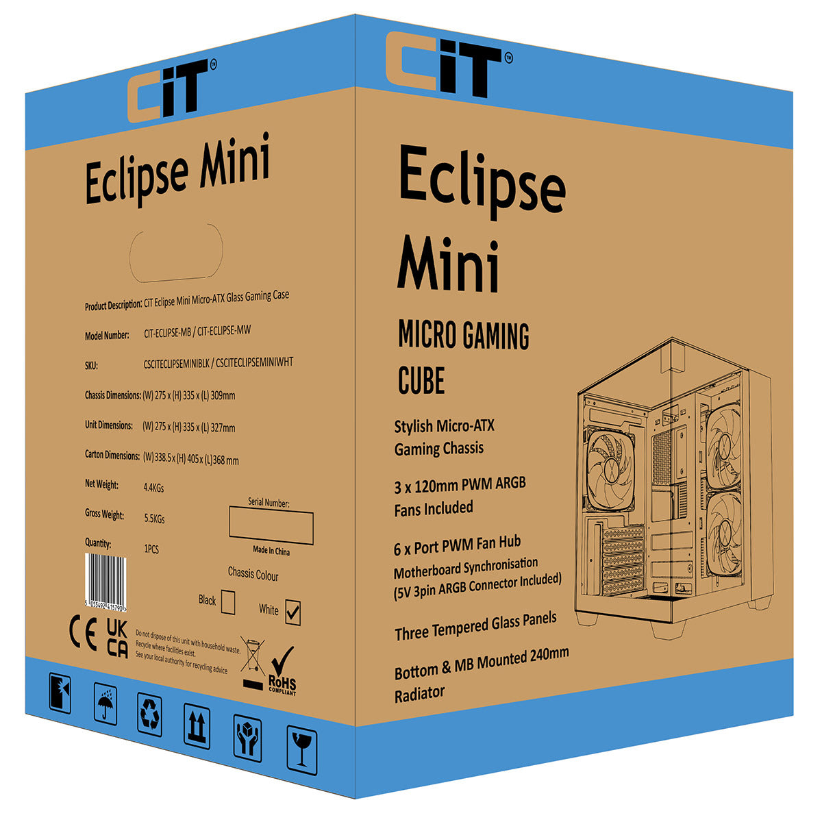 CiT Eclipse Mini White Micro-ATX Gaming Case With Three-Sided Tempered Glass and 3 x 120mm PWM ARGB Fans With 6-Port Hub Included - Destello