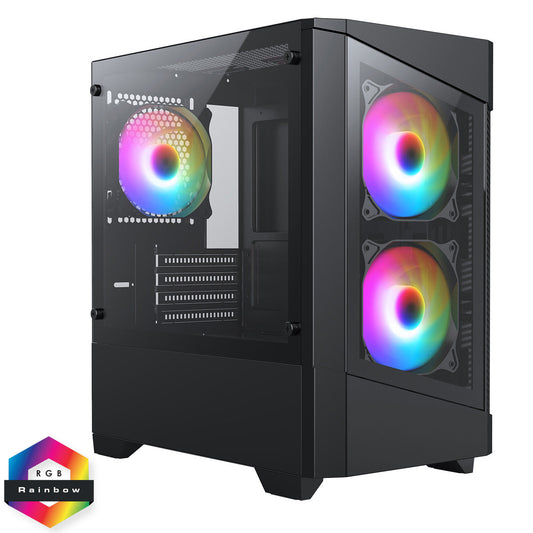 CiT Level 1 Black Micro-ATX PC Gaming Case with 3 x 120mm RGB Rainbow Fans Included With Tempered Glass Front and Side Panel CiT