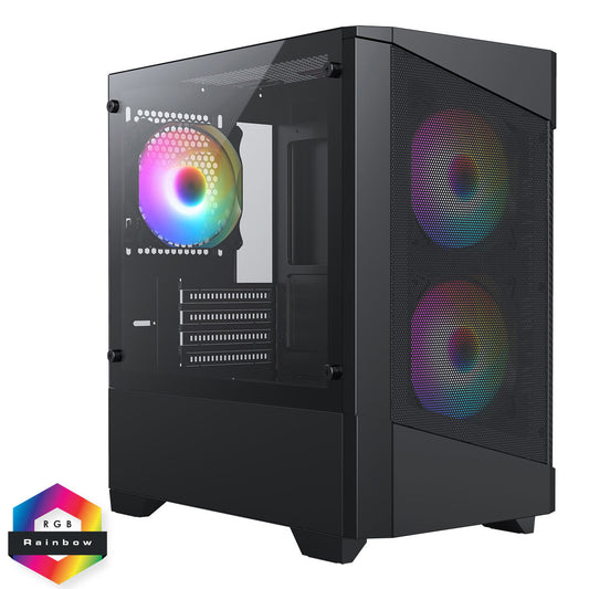 CiT Level 1 Black Micro-ATX Mesh PC Gaming Case with 3 x 120mm RGB Rainbow Fans Included With Tempered Glass Side Panel CiT