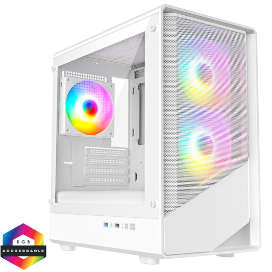 CiT Level 5 White Micro-ATX Mesh PC Gaming Case with 3 x 120mm PWM ARGB Fans Included With Tempered Glass Side Panel CiT