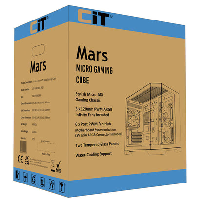 CiT Mars Black Micro-ATX Gaming Case With Dual Chamber Panoramic Tempered Glass With 3 x 120mm CiT Eclipse Infinity ARGB Fans CiT