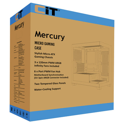 CiT Mercury Black Micro-ATX Gaming Case With Two-Sided Tempered Glass and Power Supply Shroud With 3 x 120mm Infinity PWM ARGB Fans