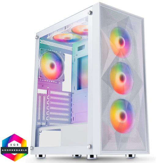 CiT Phantom XL White E-ATX Gaming Case with Crinkled Metal Mesh Front Tinted Tempered Glass Side 6 x Inner-Ring ARGB Fans 6-Port Hub CiT
