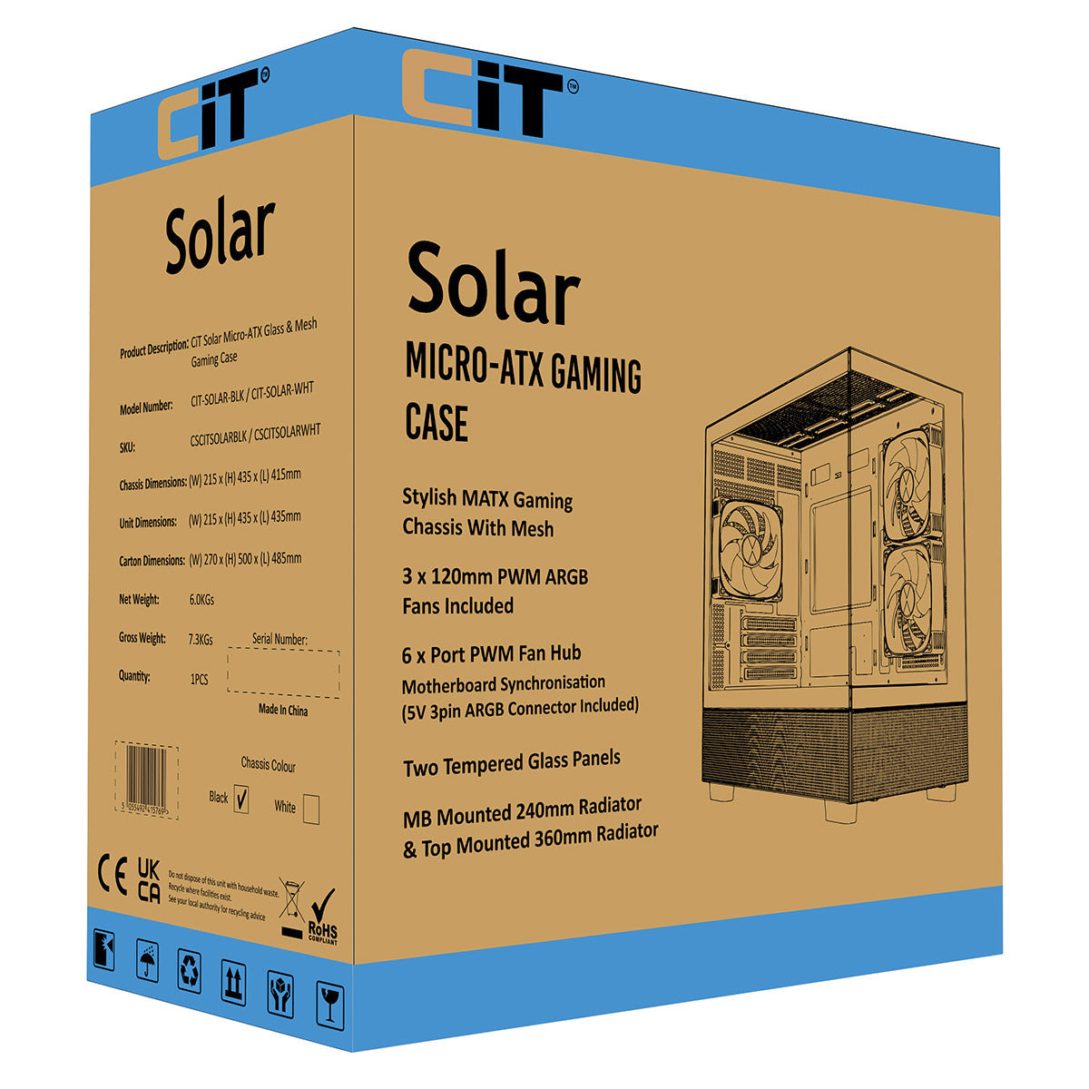 CiT Solar Black Micro-ATX Gaming Case With Two-Sided Tempered Glass and 3 x 120mm PWM ARGB Fans With 6-Port Hub Included CiT