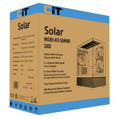 CiT Solar Black Micro-ATX Gaming Case With Two-Sided Tempered Glass and 3 x 120mm PWM ARGB Fans With 6-Port Hub Included CiT