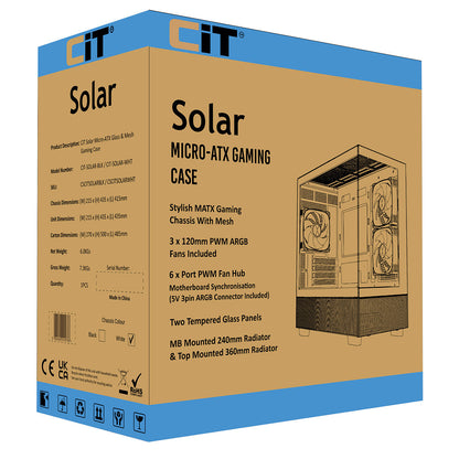 CiT Solar White Micro-ATX Gaming Case With Two-Sided Tempered Glass and 3 x 120mm PWM ARGB Fans With 6-Port Hub Included CiT