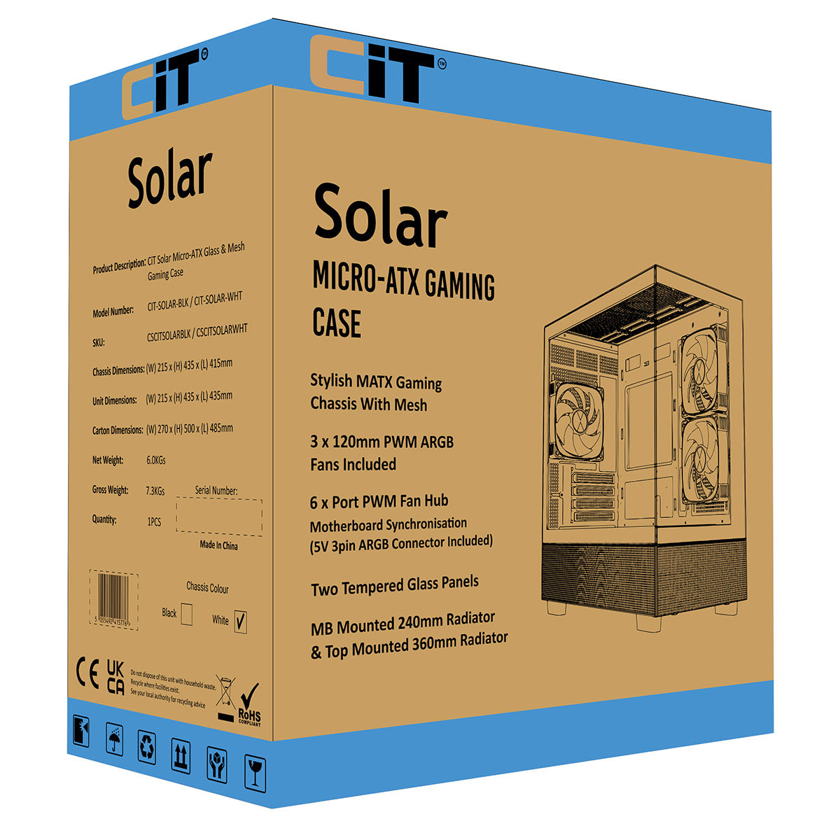 CiT Solar White Micro-ATX Gaming Case With Two-Sided Tempered Glass and 3 x 120mm PWM ARGB Fans With 6-Port Hub Included CiT