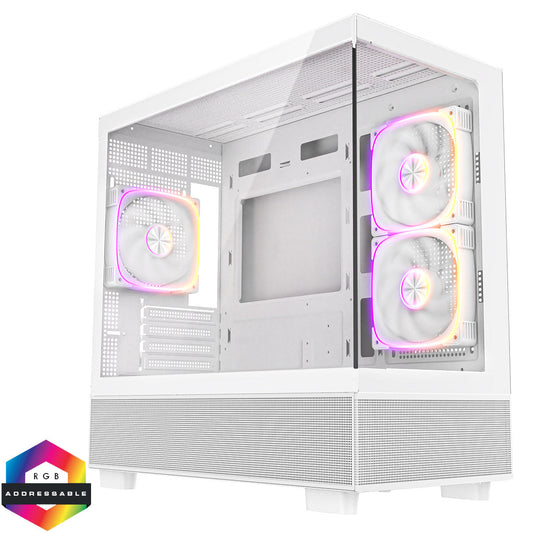 CiT Solar White Micro-ATX Gaming Case With Two-Sided Tempered Glass and 3 x 120mm PWM ARGB Fans With 6-Port Hub Included CiT