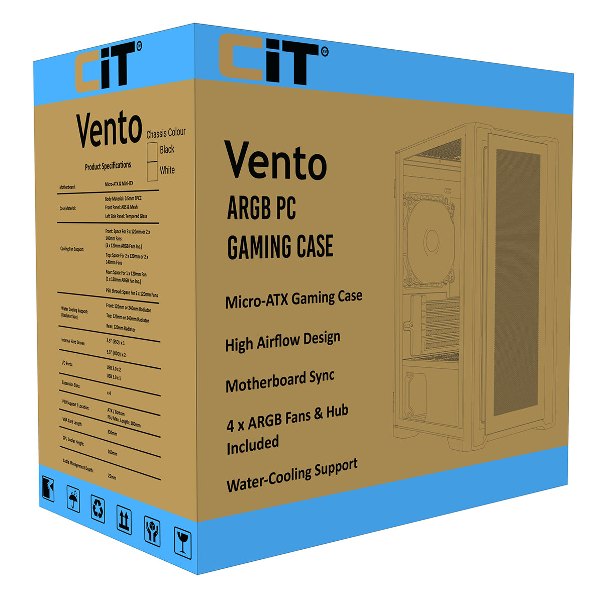 CiT Vento Black Micro-ATX PC Gaming Case with 4 x 120mm ARGB PWM Fans Included 1 x 6-Port Fan Hub Tempered Glass Side Panel
