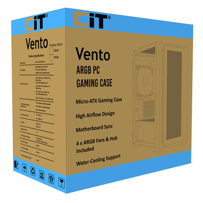 CiT Vento Black Micro-ATX PC Gaming Case with 4 x 120mm ARGB PWM Fans Included 1 x 6-Port Fan Hub Tempered Glass Side Panel