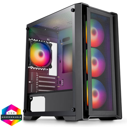 CiT Vento Black Micro-ATX PC Gaming Case with 4 x 120mm ARGB PWM Fans Included 1 x 6-Port Fan Hub Tempered Glass Side Panel