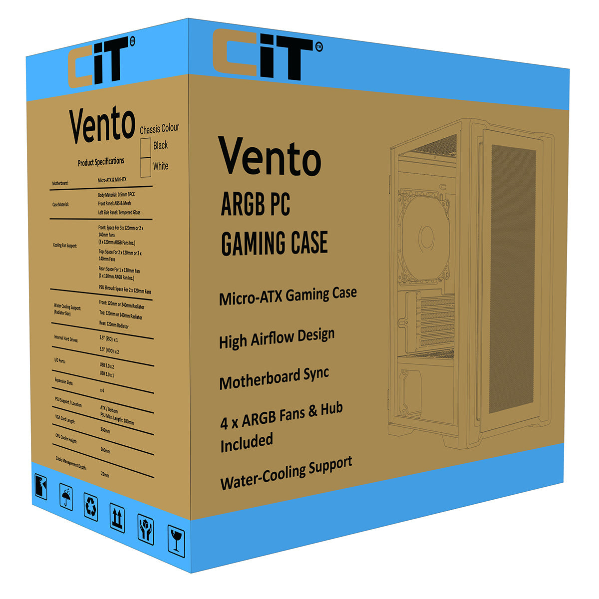CiT Vento White Micro-ATX PC Gaming Case with 4 x 120mm ARGB PWM Fans Included 1 x 6-Port Fan Hub Tempered Glass Side Panel CiT