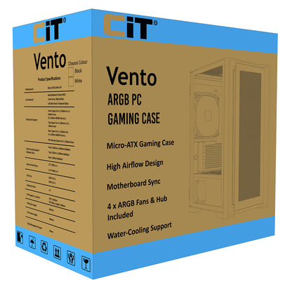 CiT Vento White Micro-ATX PC Gaming Case with 4 x 120mm ARGB PWM Fans Included 1 x 6-Port Fan Hub Tempered Glass Side Panel CiT