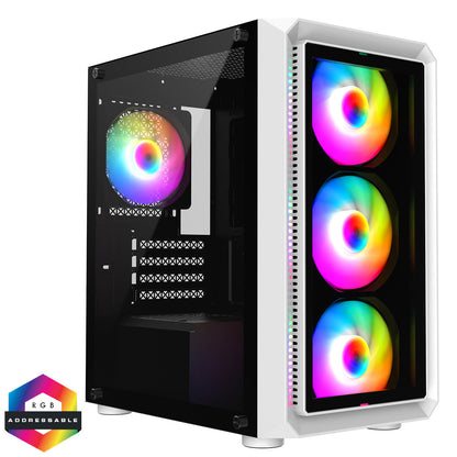 GameMax Icon White Micro-ATX TG Gaming Case with Darkened Tempered Glass Panels 4 x 12cm Inner-Ring ARGB Fans 6-Port Hub GameMax