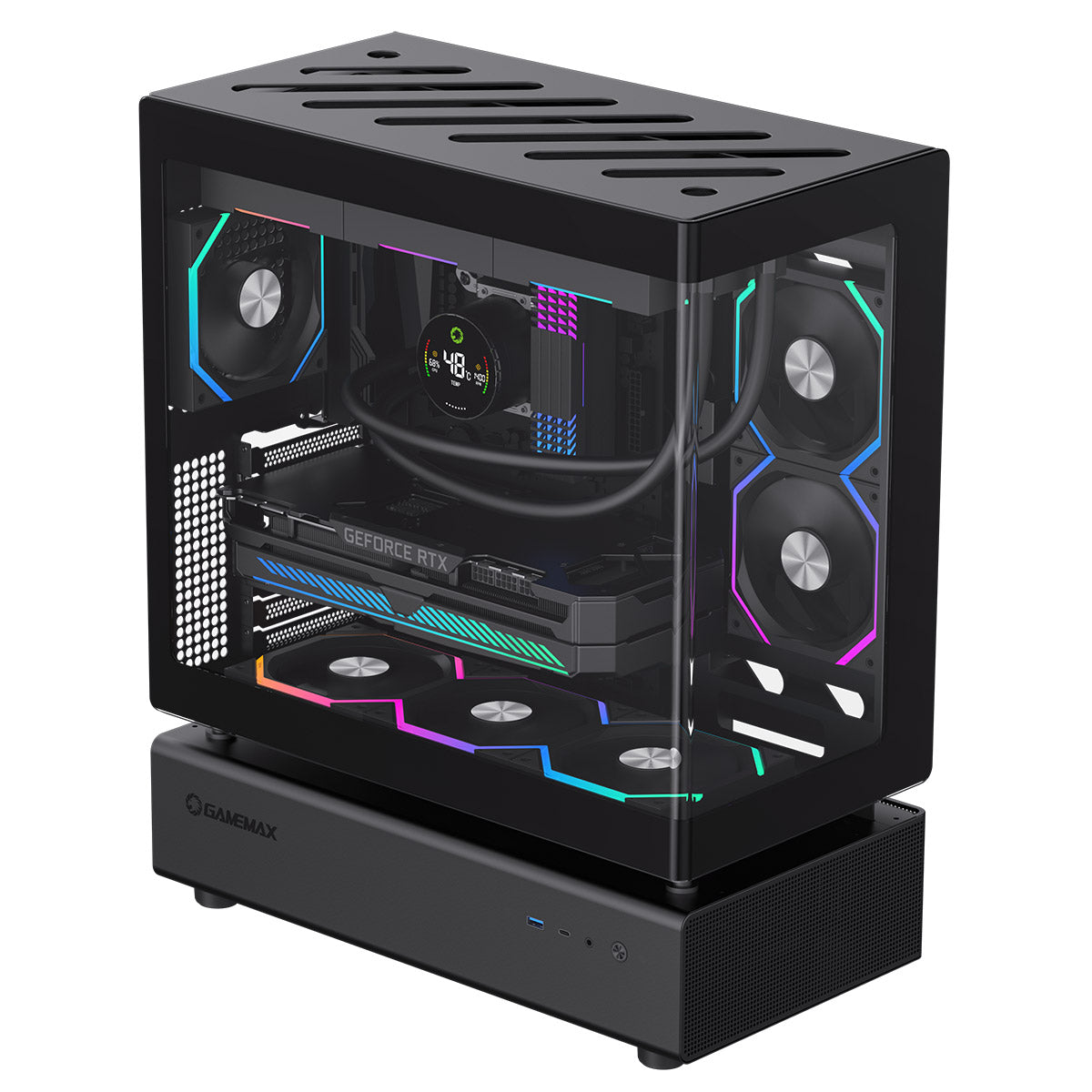 GameMax N80 Black ATX PC Gaming Case with 6 x 120mm PWM ARGB Fans and 10-Port Fan Hub Included With Curved Tempered Glass Panel GameMax