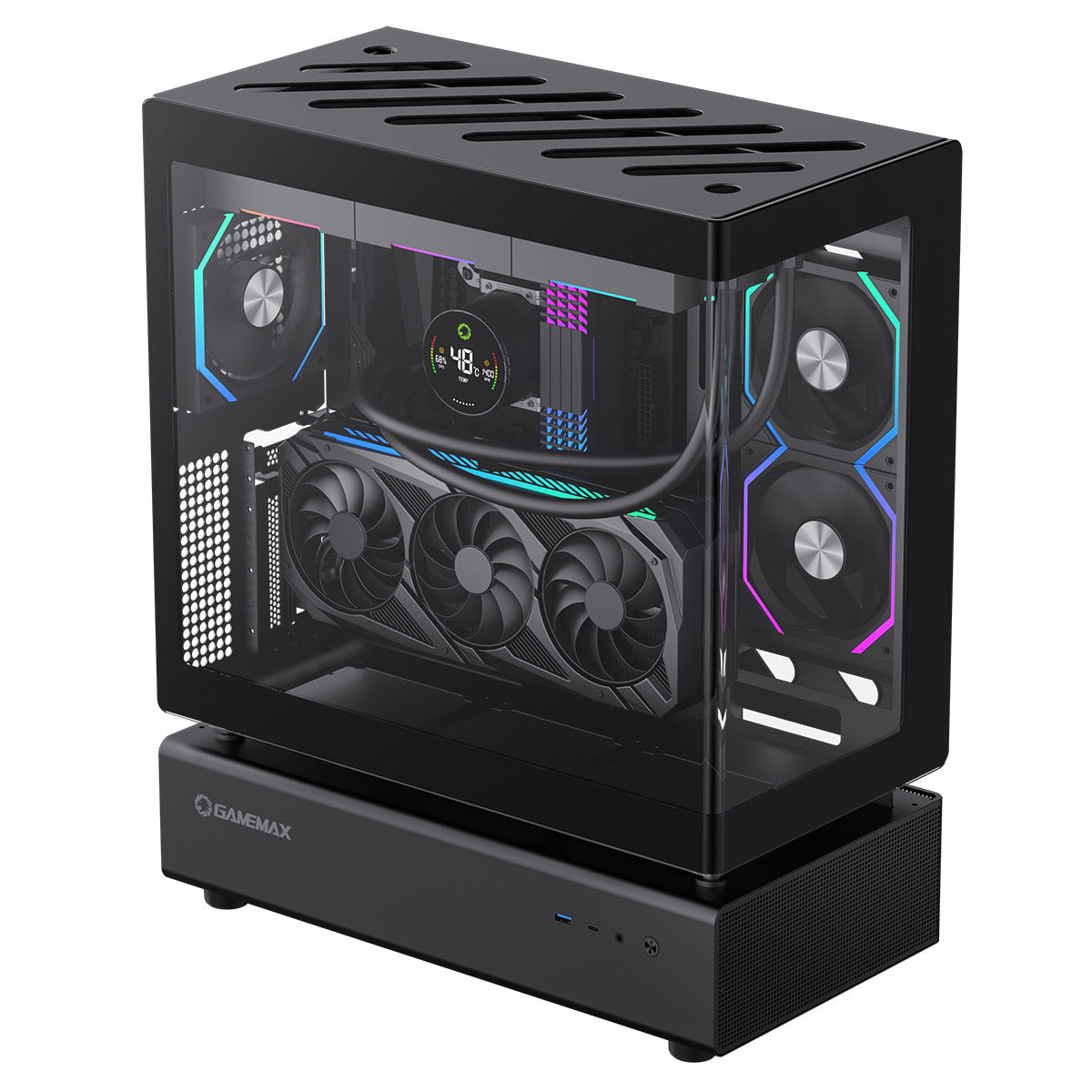 GameMax N80 Black ATX PC Gaming Case with 6 x 120mm PWM ARGB Fans and 10-Port Fan Hub Included With Curved Tempered Glass Panel