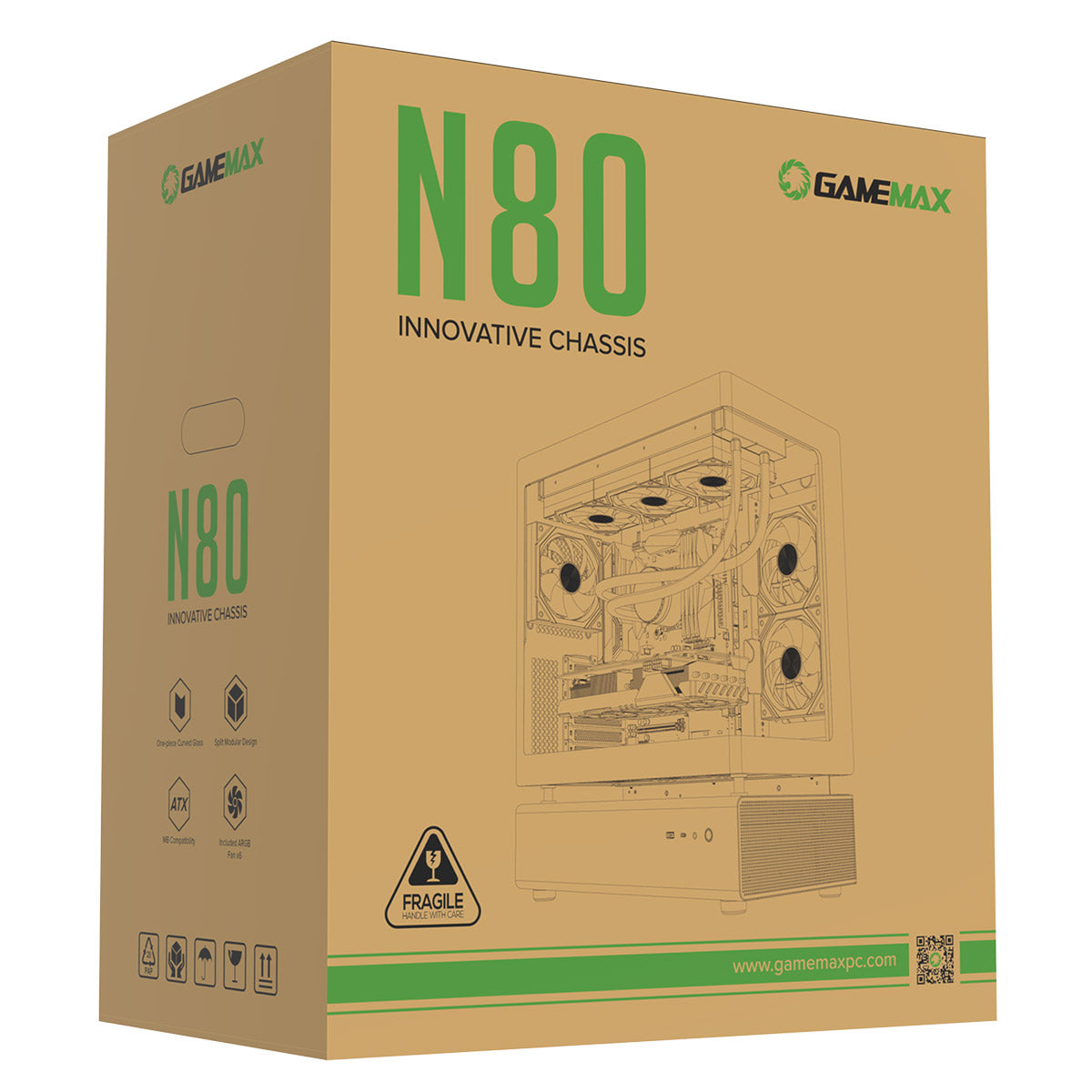 GameMax N80 Black ATX PC Gaming Case with 6 x 120mm PWM ARGB Fans and 10-Port Fan Hub Included With Curved Tempered Glass Panel GameMax