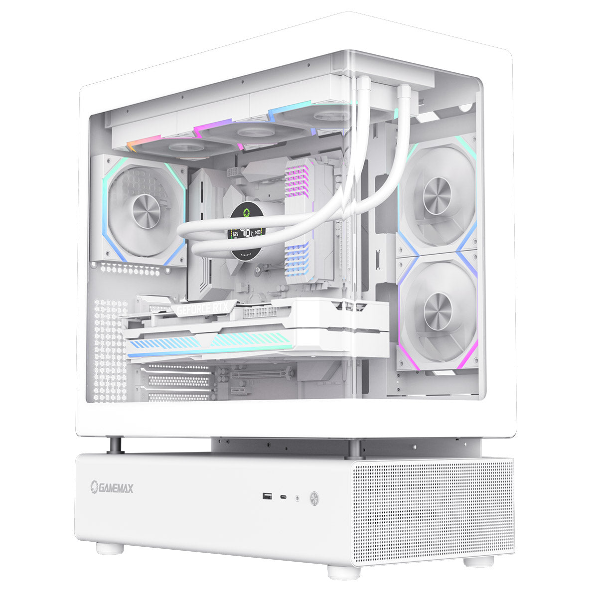 GameMax N80 White ATX PC Gaming Case with 6 x 120mm PWM ARGB Fans and 10-Port Fan Hub Included With Curved Tempered Glass Panel
