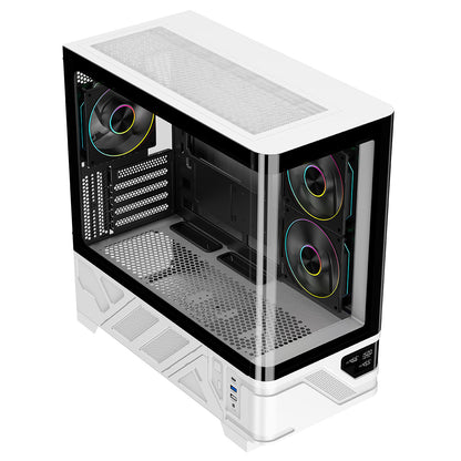 Powercool Arctic White Micro-ATX Gaming Case With Black Interior Tempered Glass Panels With 3 x PWM ARGB Fans and 9 Port PWM Hub Included - Destello