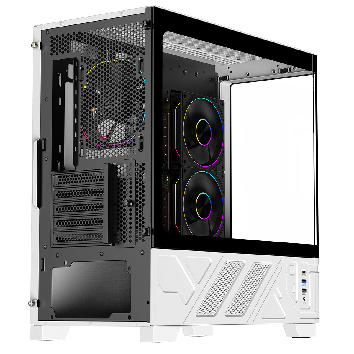 Powercool Arctic White Micro-ATX Gaming Case With Black Interior Tempered Glass Panels With 3 x PWM ARGB Fans and 9 Port PWM Hub Included - Destello