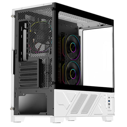 Powercool Arctic White Micro-ATX Gaming Case With Black Interior Tempered Glass Panels With 3 x PWM ARGB Fans and 9 Port PWM Hub Included - Destello