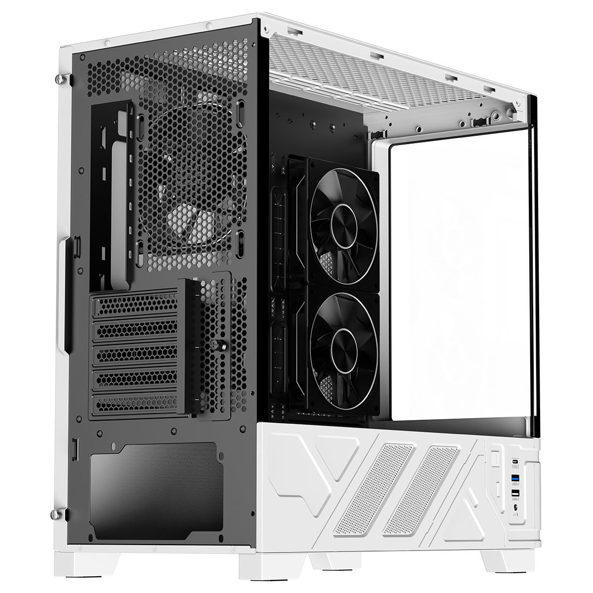 Powercool Arctic White Micro-ATX Gaming Case With Black Interior Tempered Glass Panels With 3 x PWM ARGB Fans and 9 Port PWM Hub Included - Destello