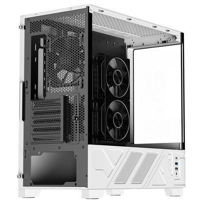 Powercool Arctic White Micro-ATX Gaming Case With Black Interior Tempered Glass Panels With 3 x PWM ARGB Fans and 9 Port PWM Hub Included - Destello