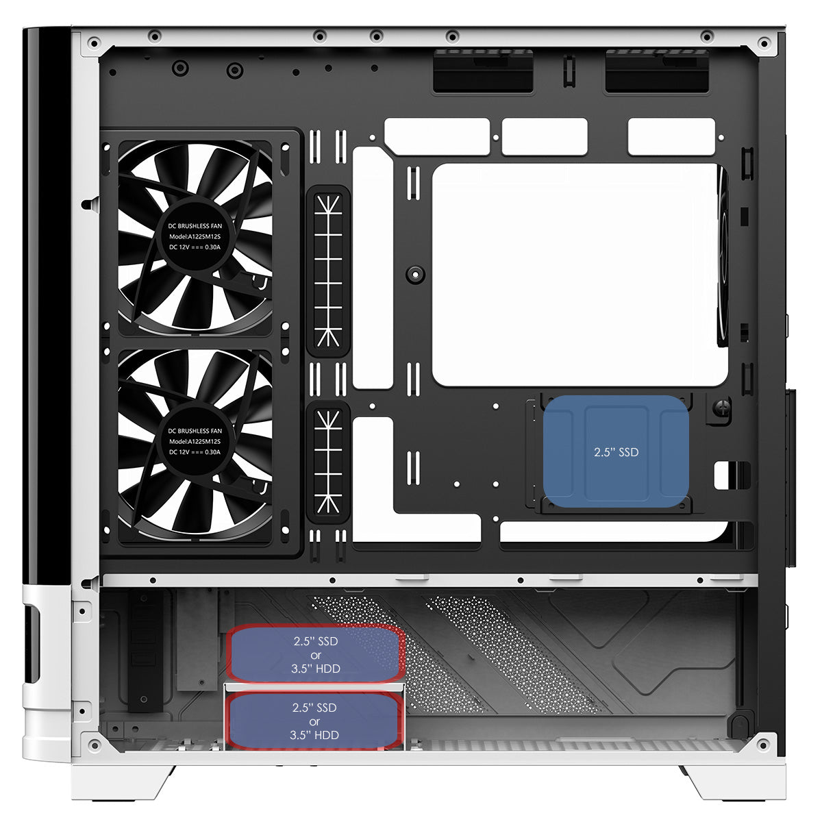 Powercool Arctic White Micro-ATX Gaming Case With Black Interior Tempered Glass Panels With 3 x PWM ARGB Fans and 9 Port PWM Hub Included - Destello
